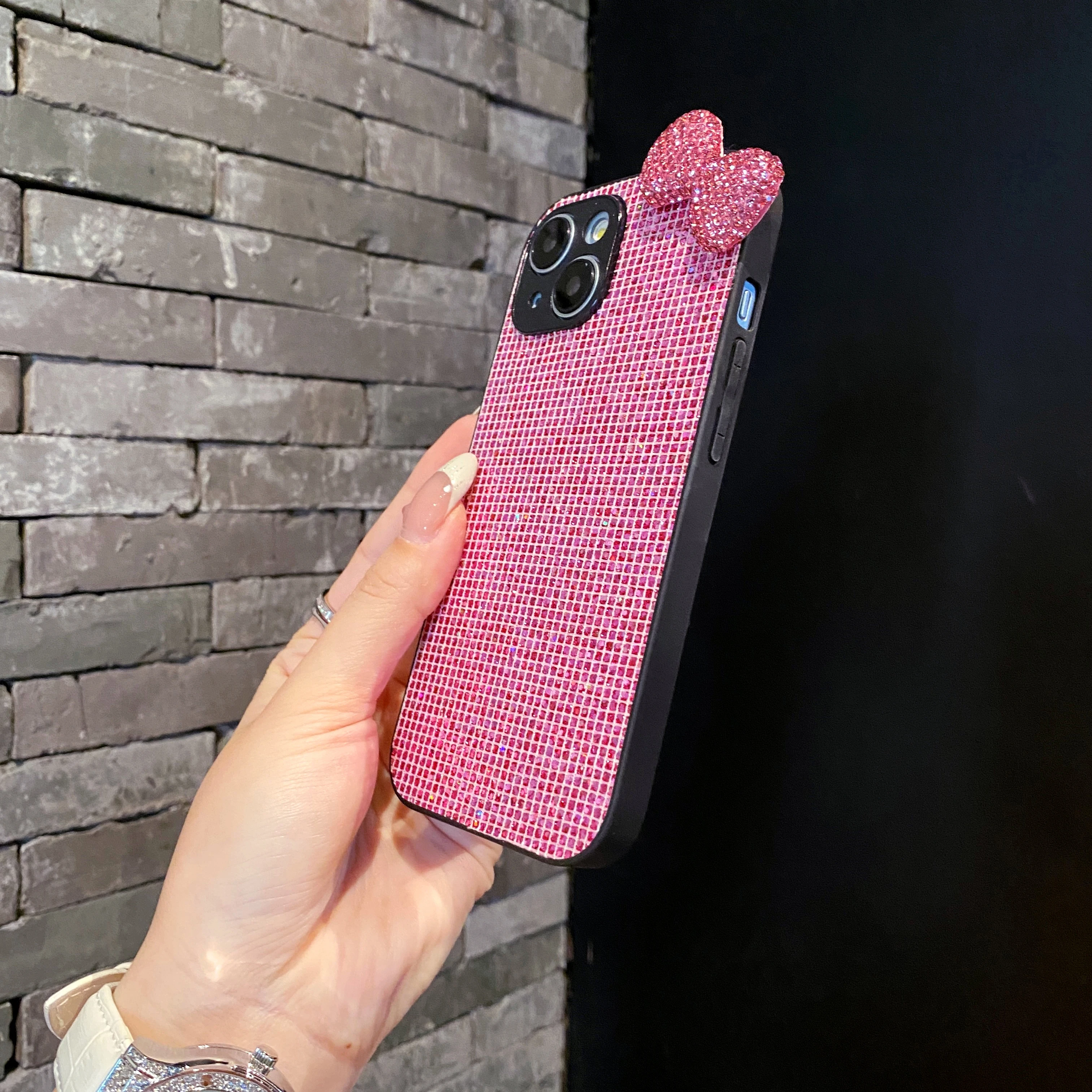 럭셔리 라인스톤 보우 그리드 패턴 글리터 폰 케이스 (아이폰 17, 16, 15, 14, 13, 12, 11 플러스, 프로, 맥스, 16E, 17 에어 블링 스팽글 커버)