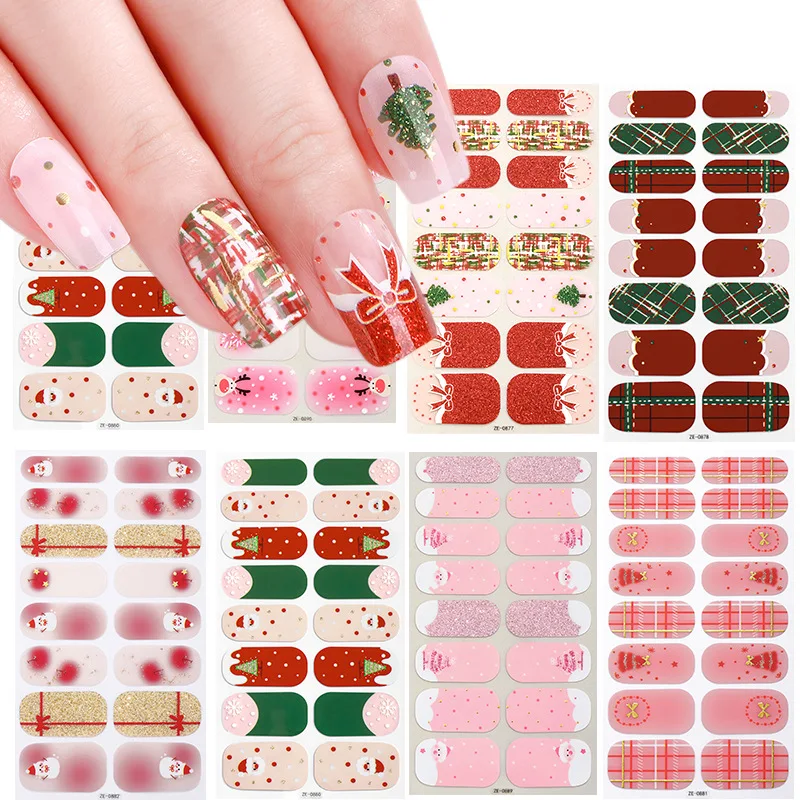 Women Full Cover Christmas Nail Stickers Multi Color Self Adhesive Slider No Need UV Lamp Cured Press On Nail Decal for Children