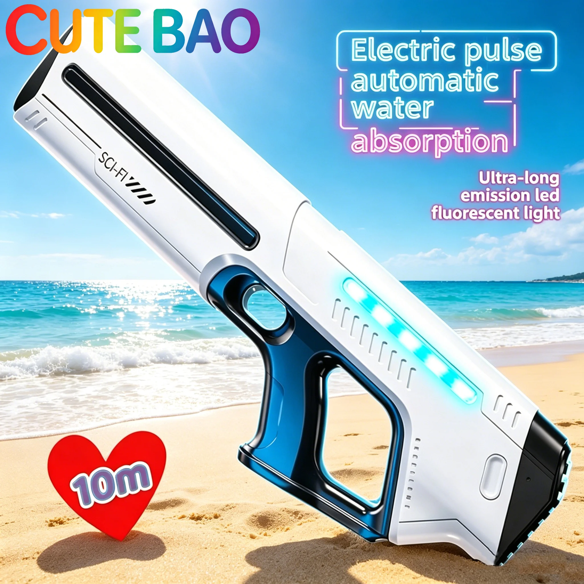 Electric Water Gun Automatic Continuous Firing Squirt Gun Outdoor Toy Long Range Shooting Water Gun with Lights Swimming Toys
