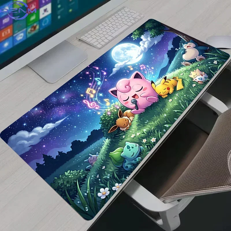 Round Pink Cartoon Creature Large Mouse Pad, Water Ripple & Green Leaves Non-Slip Lock Edge Desk Mat