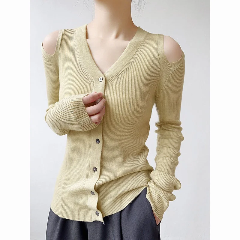 

Achu Boring Hollow out V-Ne Knitwear Women's oulder Bared Open Cardigan Slim Fit Base irt Inner Wear Top Commute Sle