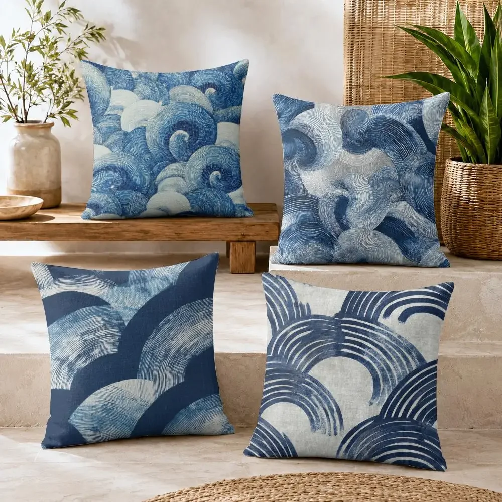 Nautical Wave Pattern Throw Pillow Covers for Sofa Couch Home Decor Ocean Blue Seascape Accent Cushion