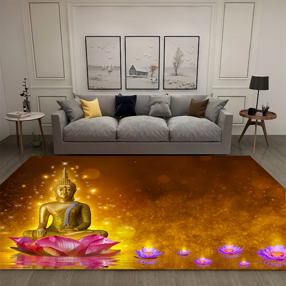 Lotus Rug Indian Buddha Statue Meditation Home Decor Living Room Rug Youth Literature Room Decor Large Rug Anti-Slip Mat