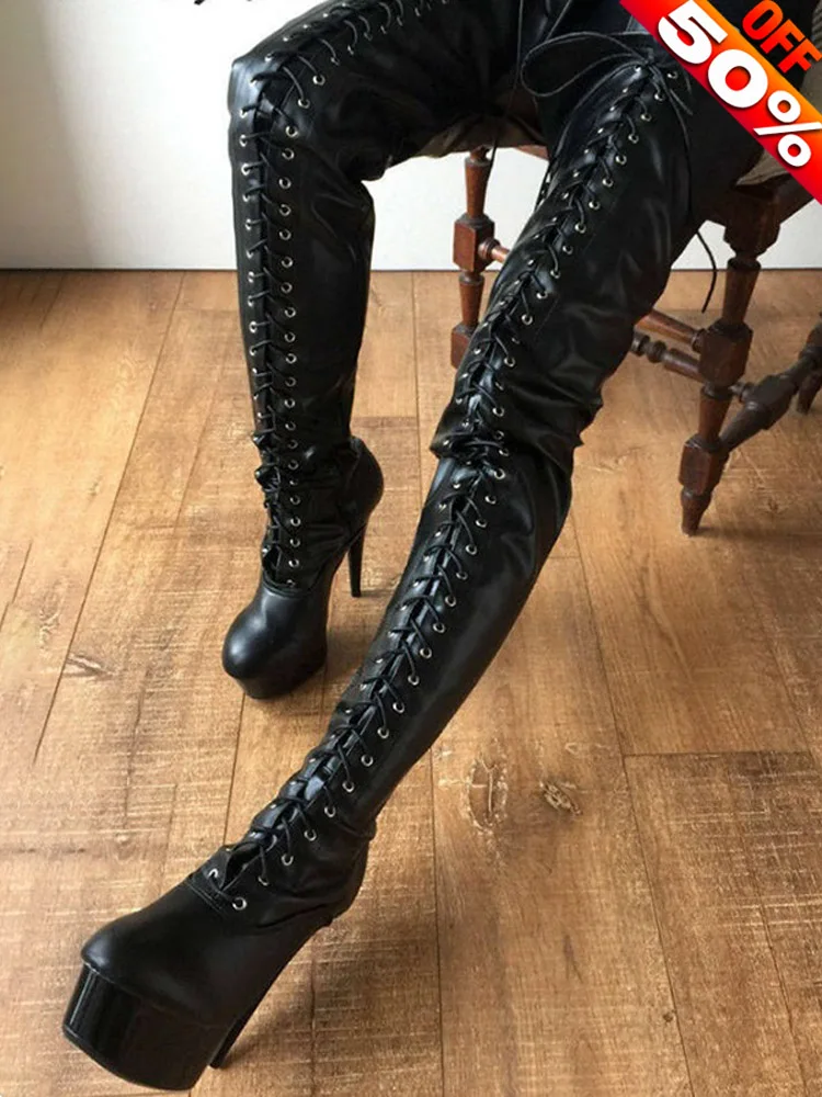 Black Shiny over the Knee Boots with Lace up Detail 15cm Gladiator Heels round Toe for Exotic Dancer Nightclub Catwalk Sexy Feti