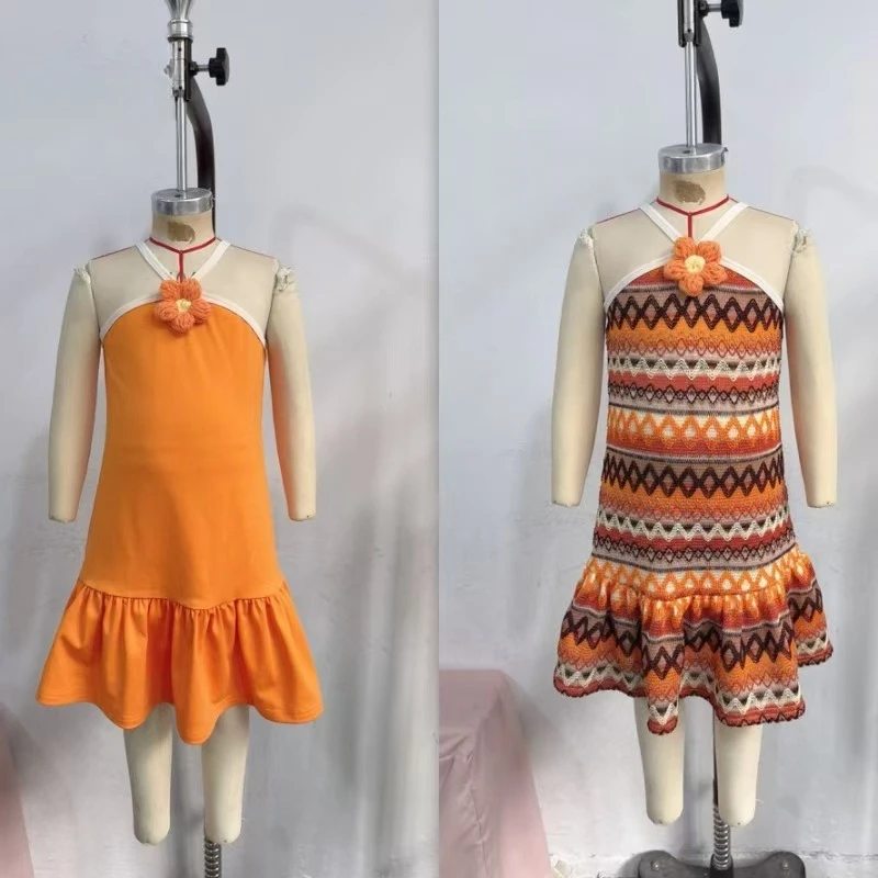 New Spring Girls 2 Piece Set Bohemian Style Halter Neck Dresses, Sister Matching Outfits  for 4-7Y