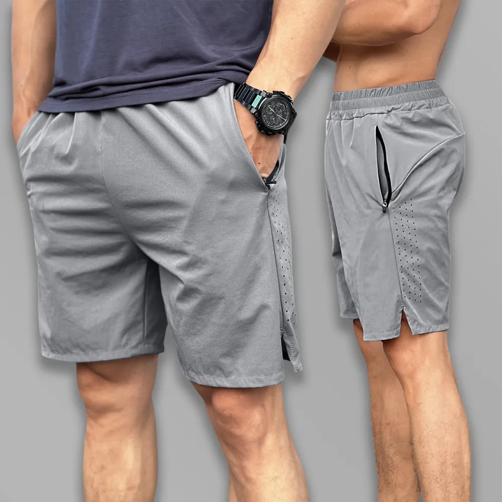 Men Gym Workout Shorts Quick Dry with Zipper Pockets Running Casual Hole Punch Breathable