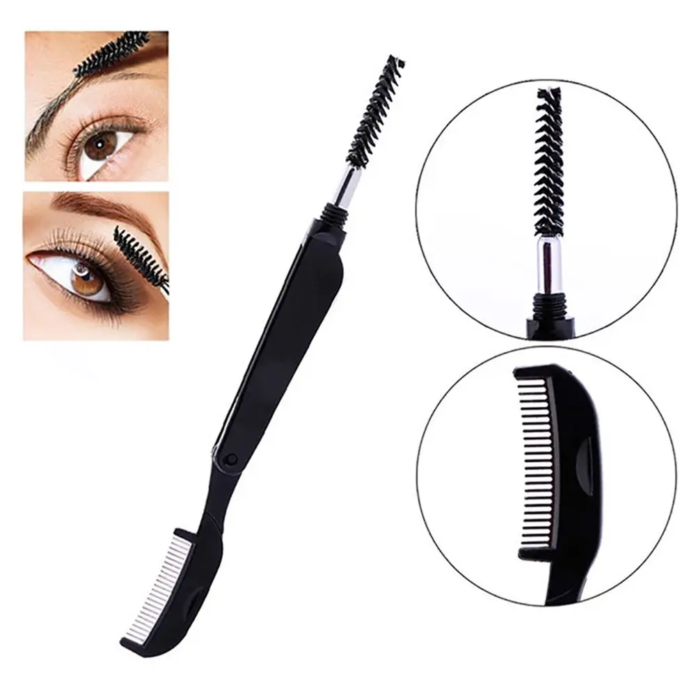 Cepillo de cejas negro, cepillo de maquillaje de doble cabezal, extensión de pestañas, peine, herramientas cosméticas