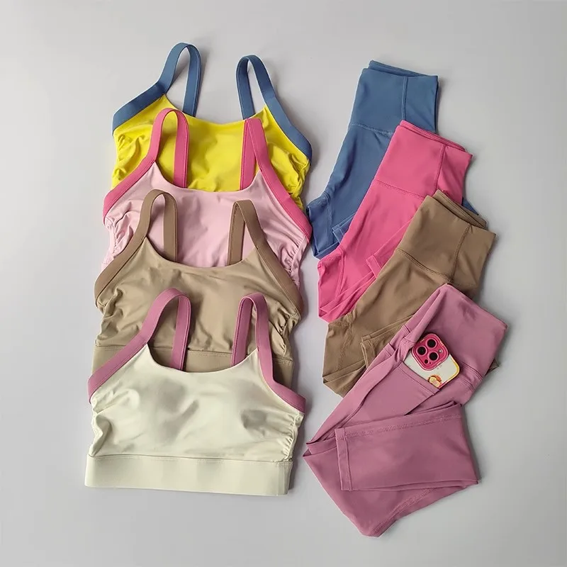 

2Pcs Women High-End Yoga Workout Suit Fitness Set High Intensity Color Blocking Cross Back Integrated Yoga Set Bra And Leggings