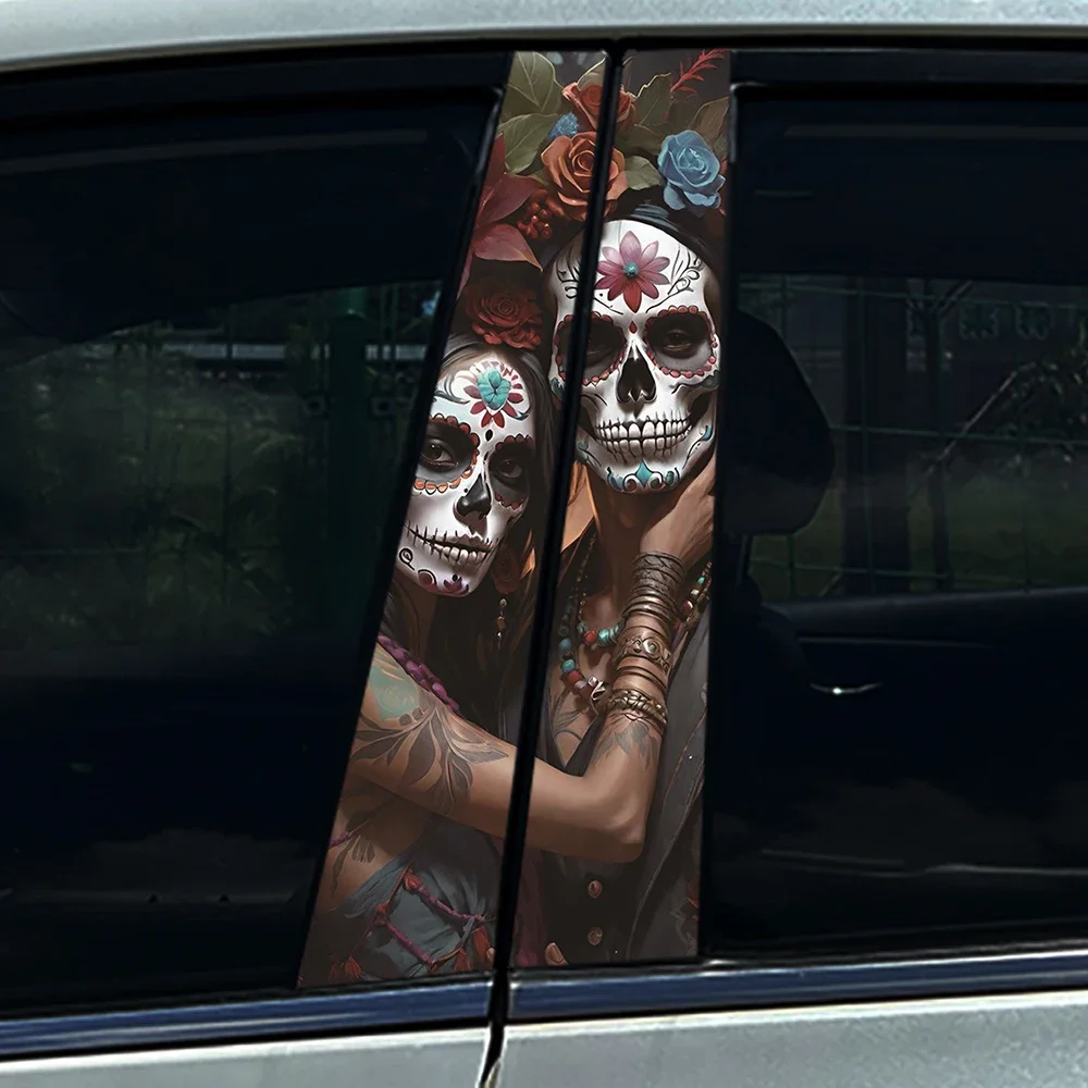 2pcs Day of the Dead Theme Blooms Couple Car Center Pillar Sticker B Pillar Protective Film For Qashqai