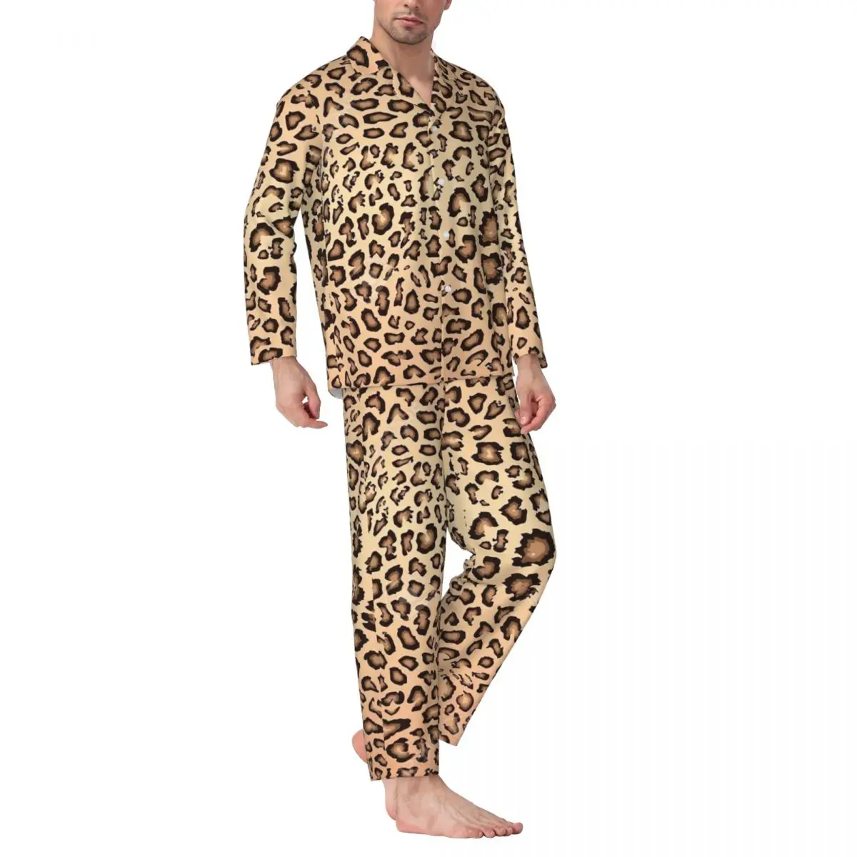 Leopard Print Pajamas Mens Retro Animal Lovely Bedroom Sleepwear Autumn 2 Piece Aesthetic Oversize Design Home Suit