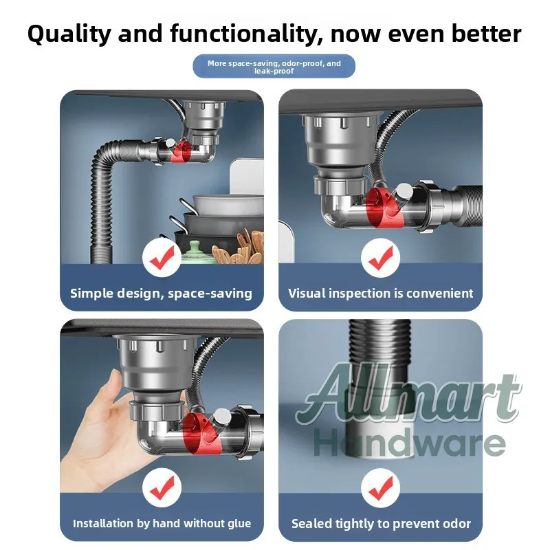 Double overflow drain, kitchen stainless steel vegetable basin drain pipe set, space saving drainage pipe fittings