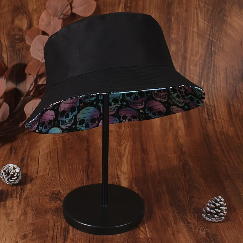 Halloween Elements Whimsical Print Skull Double-Sided Bucket Hat, Unisex Fashion Casual Fisherman Streetwear Hip Hop Sun Cap