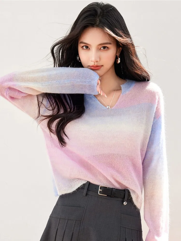 High Quality Mohair Blend Gradient Sweater For Women 2024 New Mint Wave Loose Lazy Wool Knit Sweater