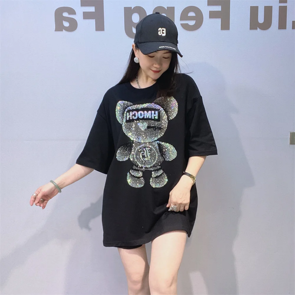 Plus Size Cartoon Bear Pattern Diamonds Short Sleeve T Shirts Women Summer Clothing Thin Casual Knitwear Loose O Neck Tops Tee