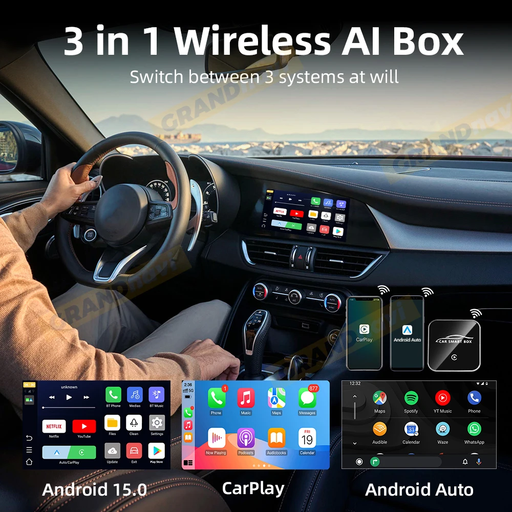4G 64G Android 15 3in1 CarPlay Ai Box Wireless Android Auto USB Adapter For Youtube Netflix Automatic Connection