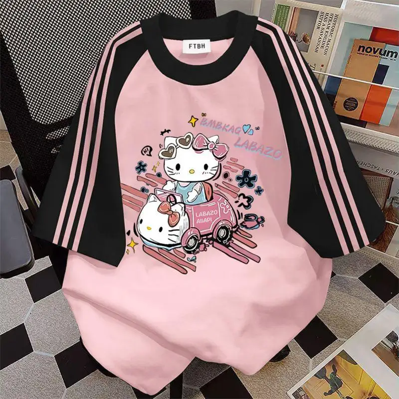 

Hello Kitty Kawaii японская футболка с коротким рукавом высокого качества Sanrio из чистого хлопка с круглым вырезом для мужчин и девочек, летняя свободная пара нарядов