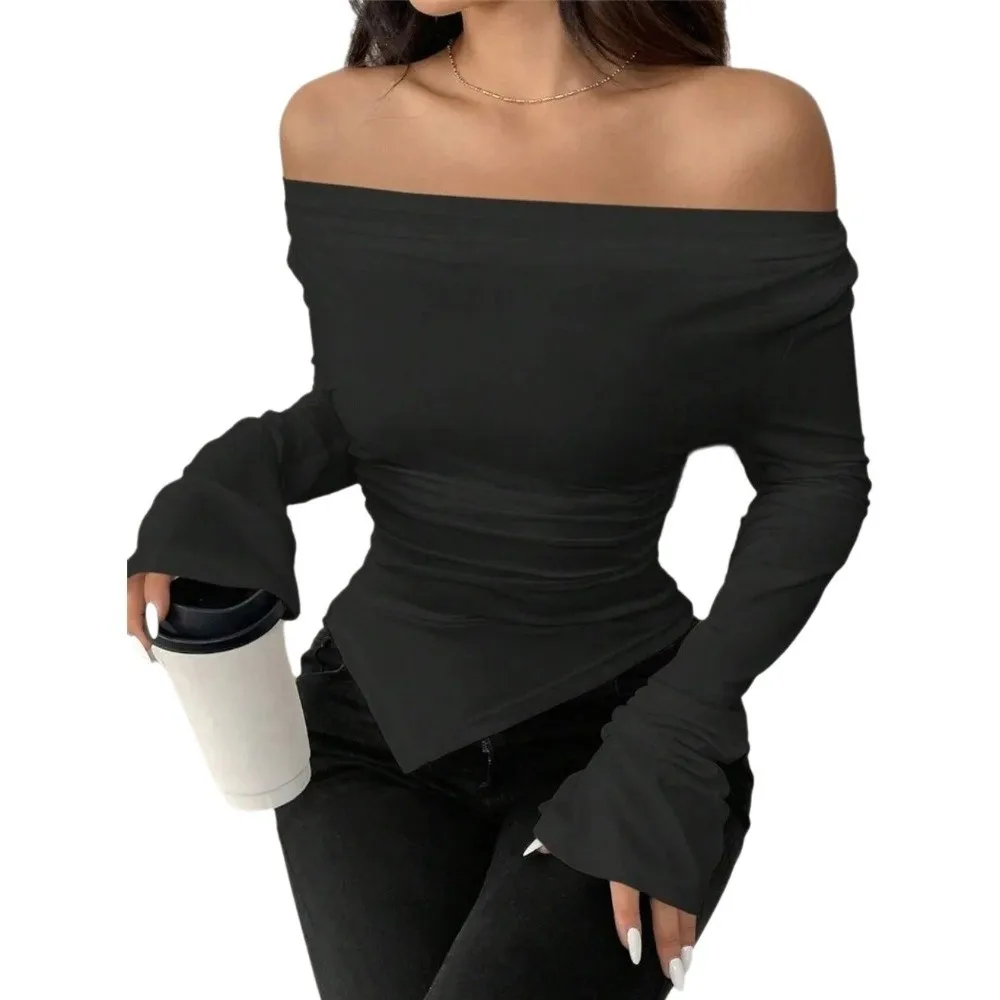 

Trendy Solid Color Women's T Shirt Long Sleeves V Neck Off Shoulder Top Stretchy Fitted Basic Tees Spring Summer Women's Wear