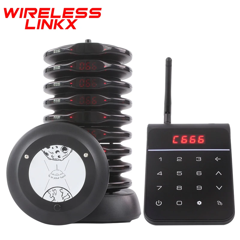 Wireless Restaurant Pager System 10 Coasters Guest Queue Paging System Waterproof Ring Flash Vibrate for Food Court