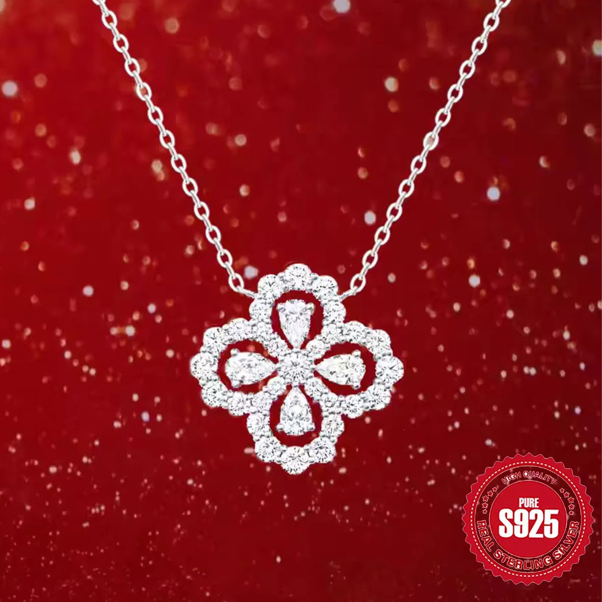 

S925 sterling silver shiny four-leaf clover lucky flower necklace ladies elegant exquisite jewelry for girlfriend gift
