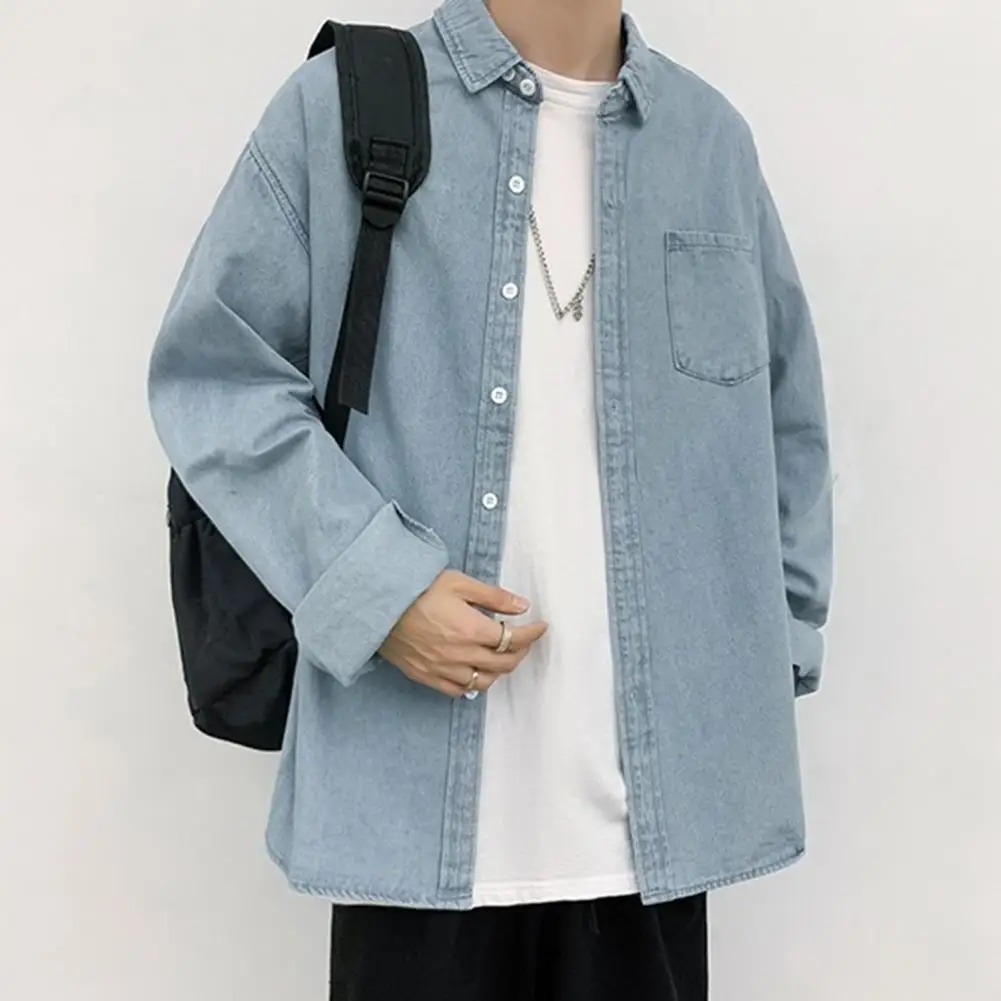 Men Denim Shirt Denim Shirt Outerwear Stylish Men\'s Denim Jacket with Turn-down Collar Chest Pocket Casual Spring for School