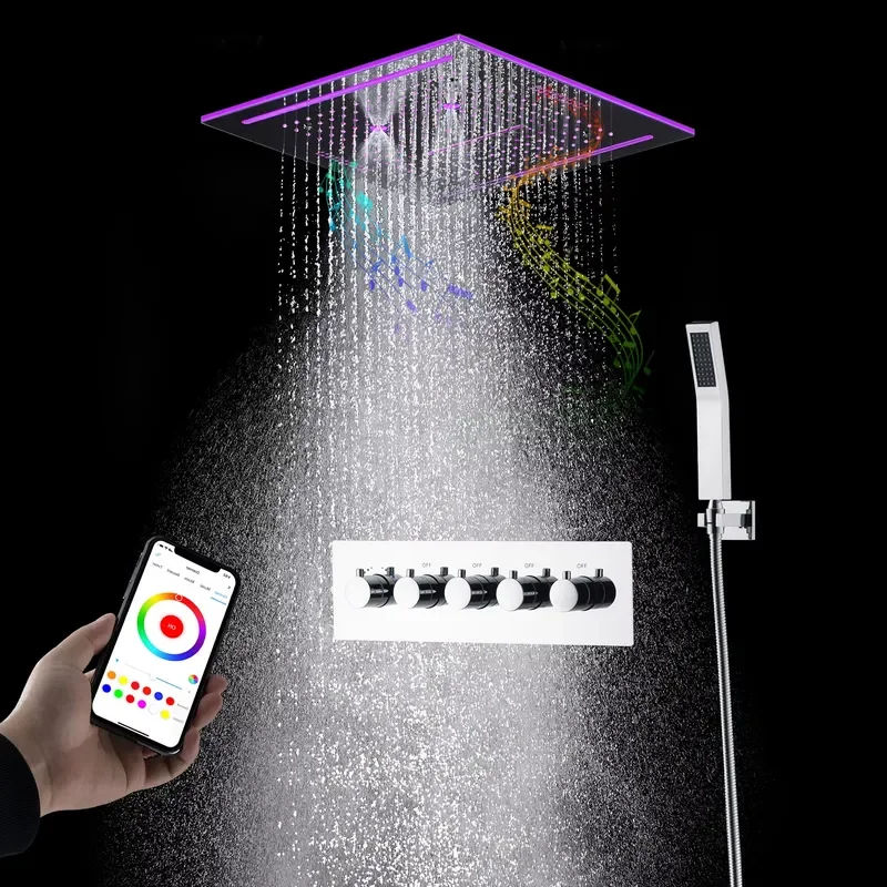 Music Shower Head 16 Inch Square LED Rain Waterfall Mist Shower Set Thermostatic Bathroom 4 Ways Mixer
