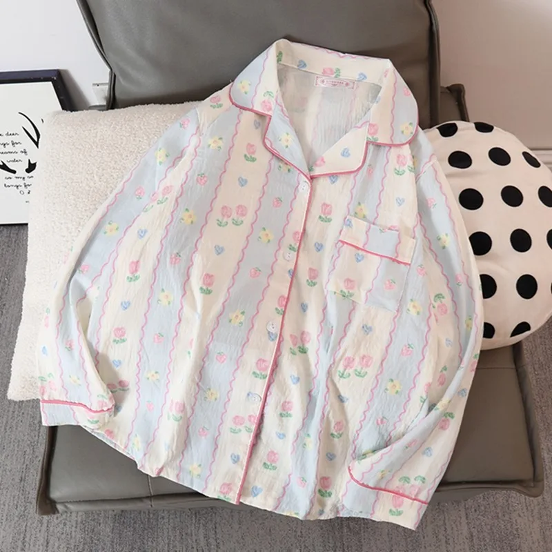 Korean Kawaii Small Flower Print Women\'s Sleep & Lounge V-neck Casual All-matcch Homewear Pajamas Set Autumn New 2024 Sleepwear