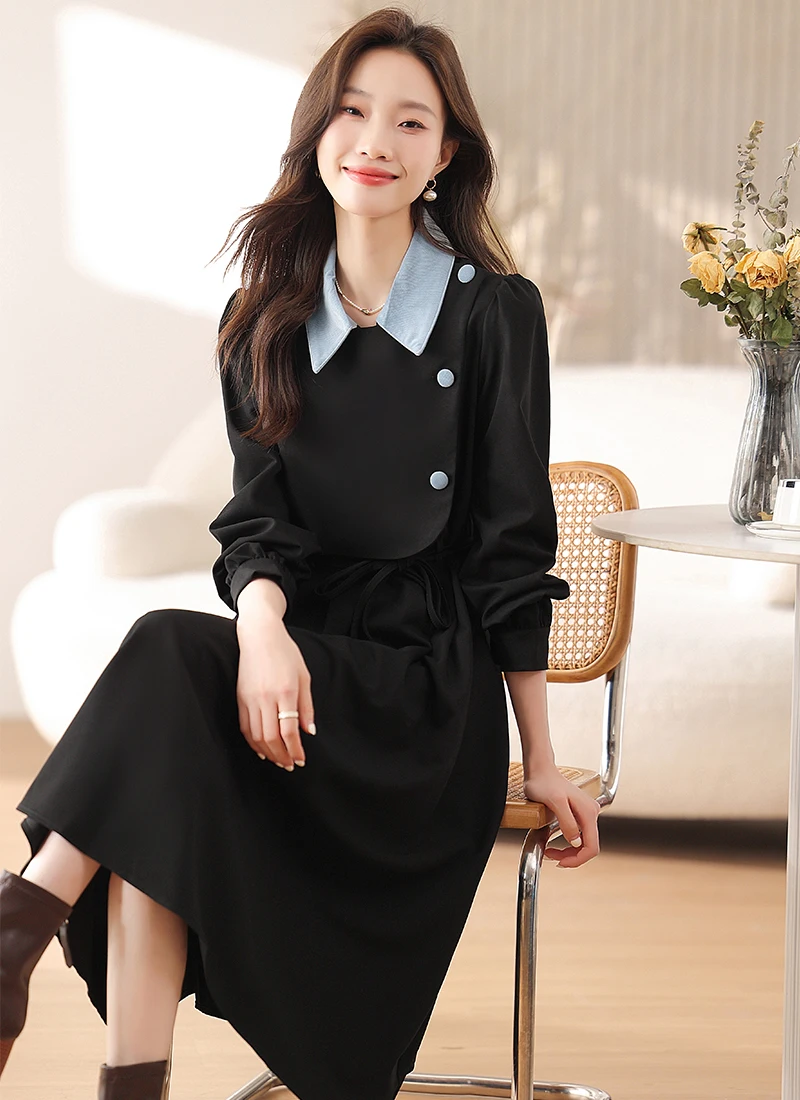 Vestidos de Verano para Mujer, Vestidos Nuevos y Únicos de Manga Larga con Cuello de Solapa, Vestido con Cordones en Línea A para Mujer Q6347