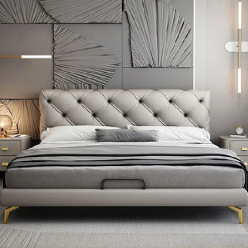 About Modern Button Tufted Headboard Leather Double Bed Bedroom Sets Furniture Master Room Luxury Upholstered king Size Bed*