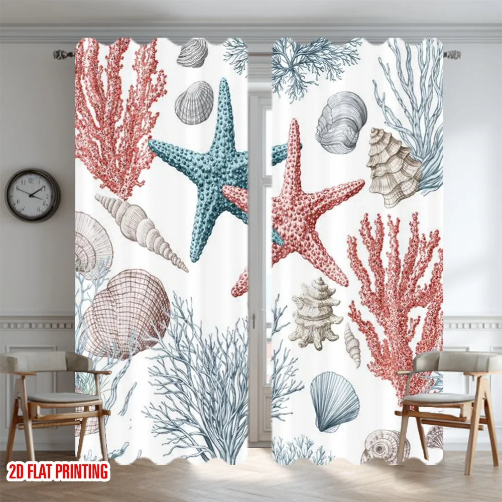 2D flat printing 2pcs Curtain Drapes Sea Life Drawings Digital Printed Polyester Drapes Family Party Decoration Use for living