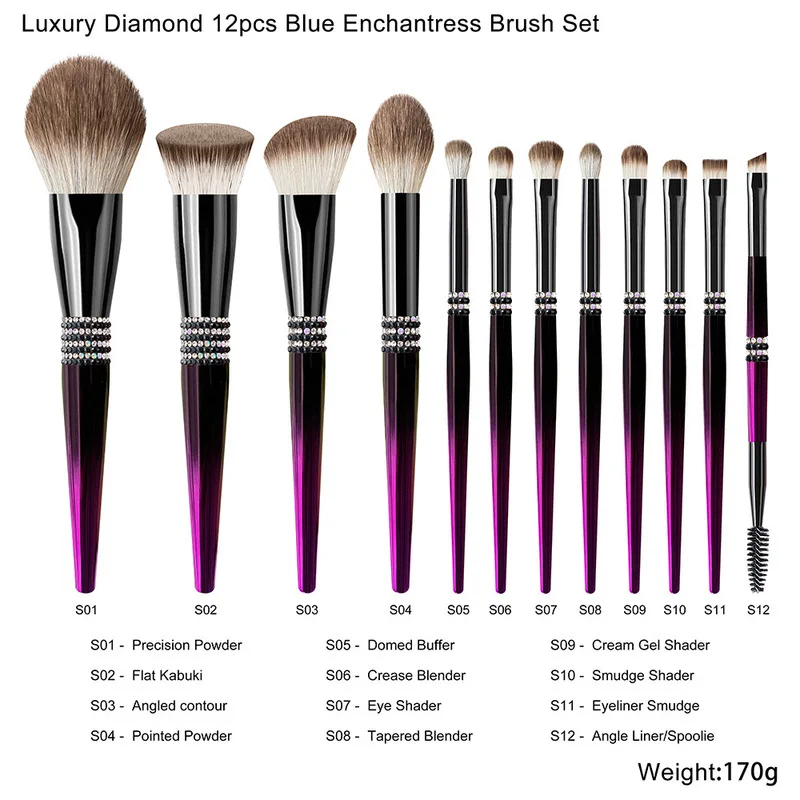 

Biyouyi's New 12-tube Gradient Purple Makeup Brush Set, A Complete Set Of Professional Makeup Brushes With Diamond Stickers