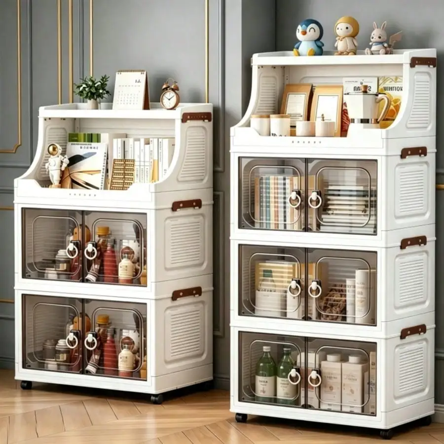 Foldable Storage Bins With Open Shelf, Stackable Mobile Storage Cabinet With Doors, Multifunctional Modular Organizer System With Wheels, Portable Storage Trolley Cart For Entryway, Living Room, Bedroom, Bathroom, Kitchen, Organization And Storage
