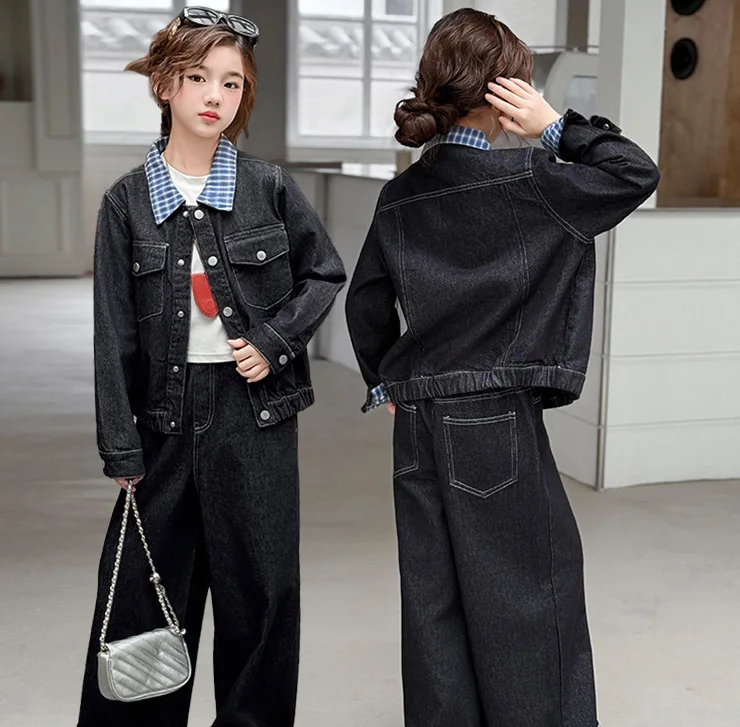 

Осенний детский джинсовый комплект для девочек, клетчатый лоскутный комплект с длинными рукавами для девочек от 4 до 14 лет, однобортное пальто + прямые брюки, комплект для маленьких девочек