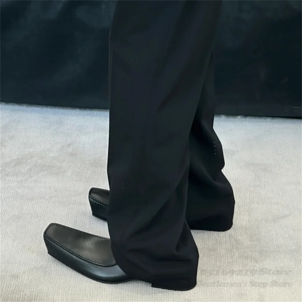 Retro Square Toe Thick Heel Single Shoes Black Soft Leather Chunky Heel Mules Men Designer Brand Loafers Party Dress Sheos