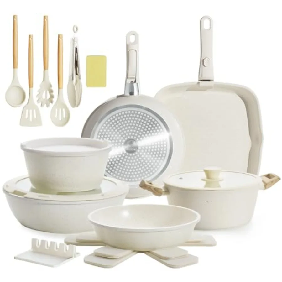 

Набор керамической посуды из 23 предметов: антипригарные кастрюли и сковороды для индукционных плит со съемными ручками, штабелируемые