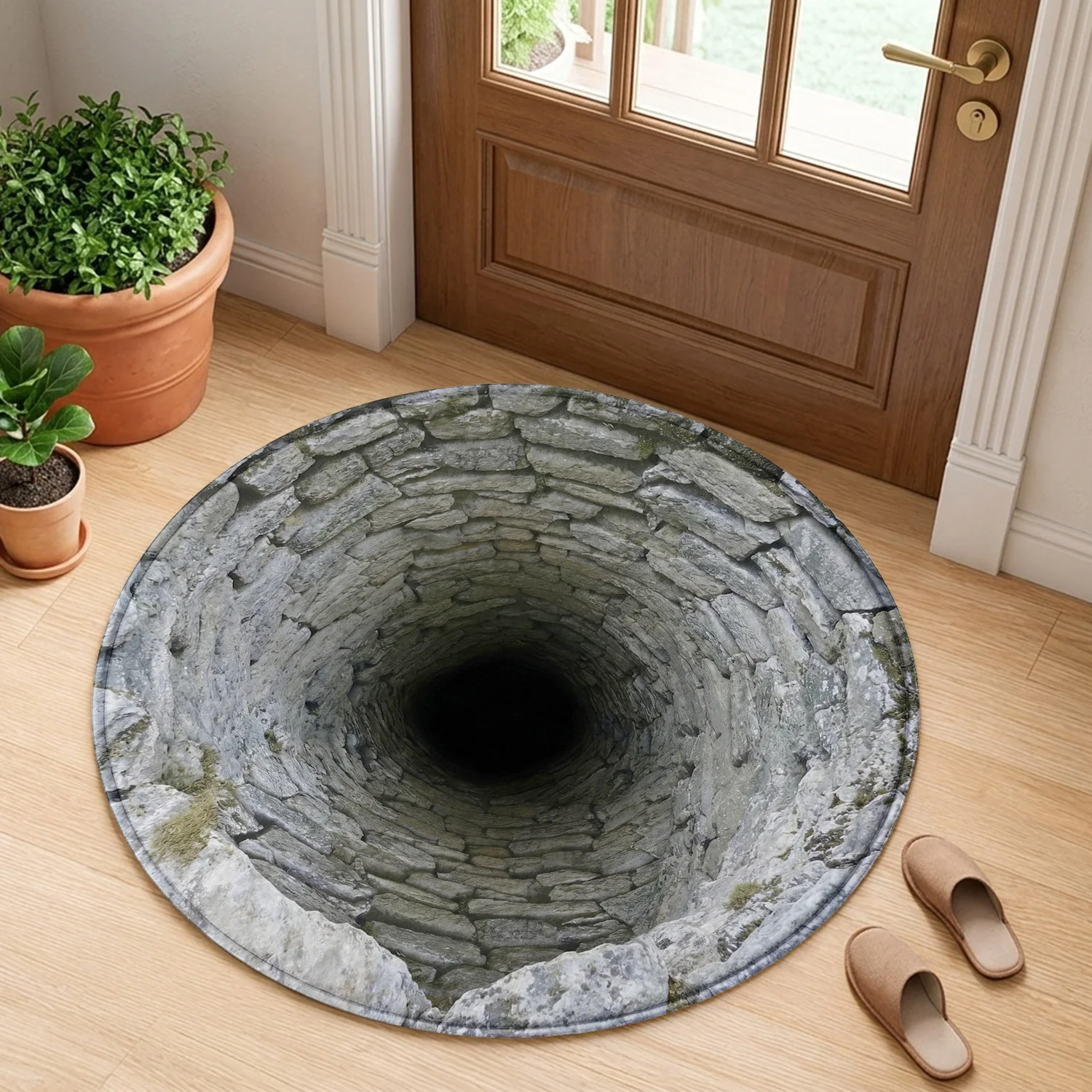 3D Deep Hole Stone Well Round Rug, Optical Illusion Abyss Floor Mat, Vintage Cobblestone Circle Carpet for Entryway, Living Room