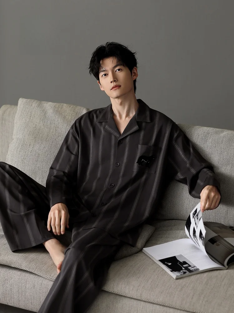 men's-pure-cotton-long-sleeve-long-pants-sleepwear-striped-oversize-open-cardigan-spring-autumn-wearable-home-clothes