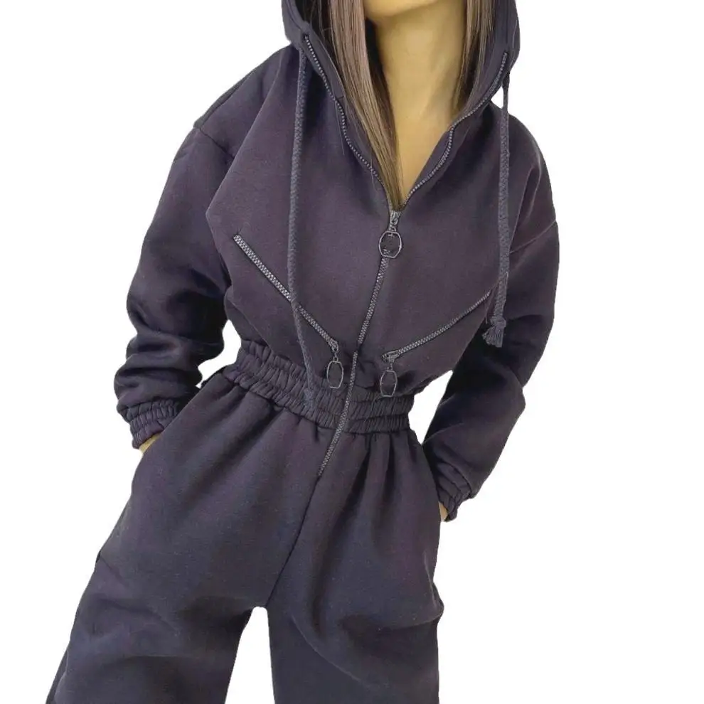 

Spor Women's Zippered Hooded Jumpsuit High Waist Long Pants Polyester Fiber Commute Sle Autumn Collection