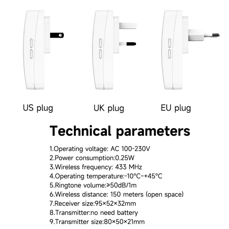 No Battery US EU UK Plug IP44 waterproof high volume electronic AC door bell 150m long distance self powered wireless doorbell