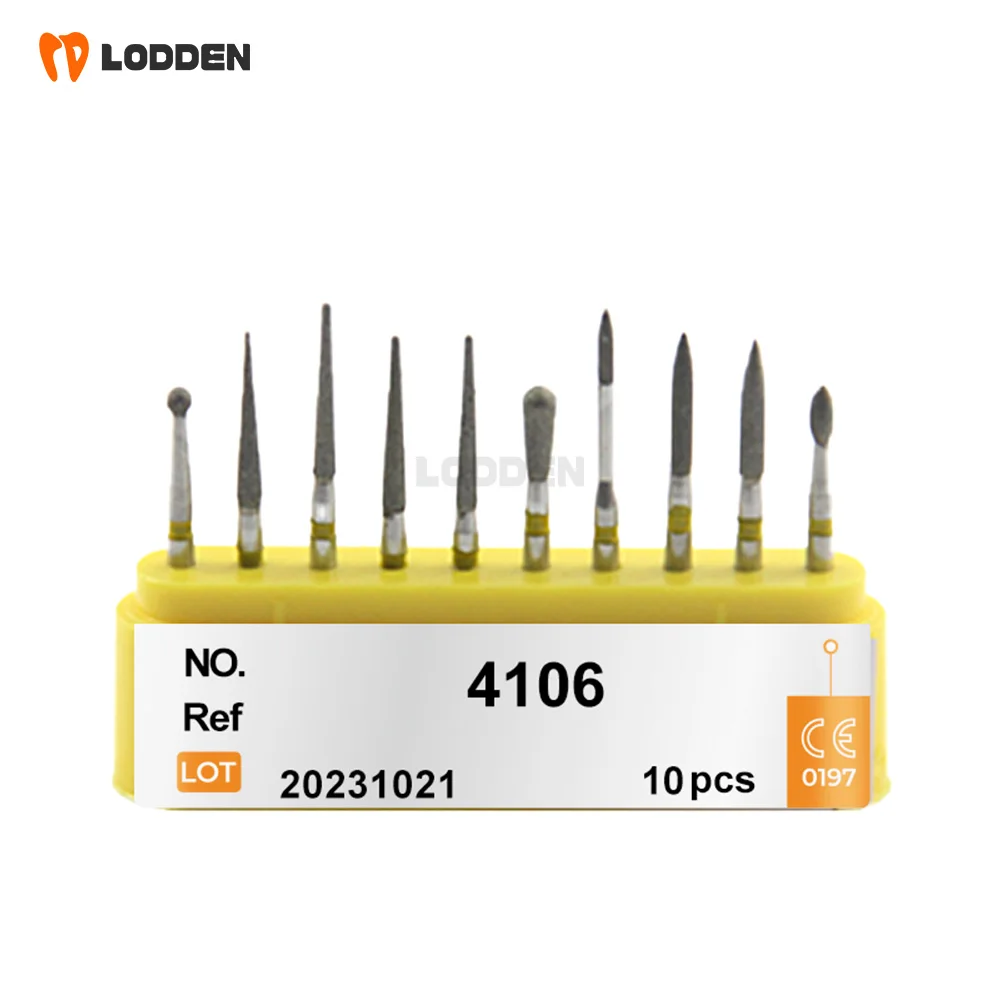 LODDEN 10pcs Dental Tools Diamond Burs Composite Ceramics Polishing KIT 4106 for 1.6mm FG Handpiece Odontologia Grinding Drills