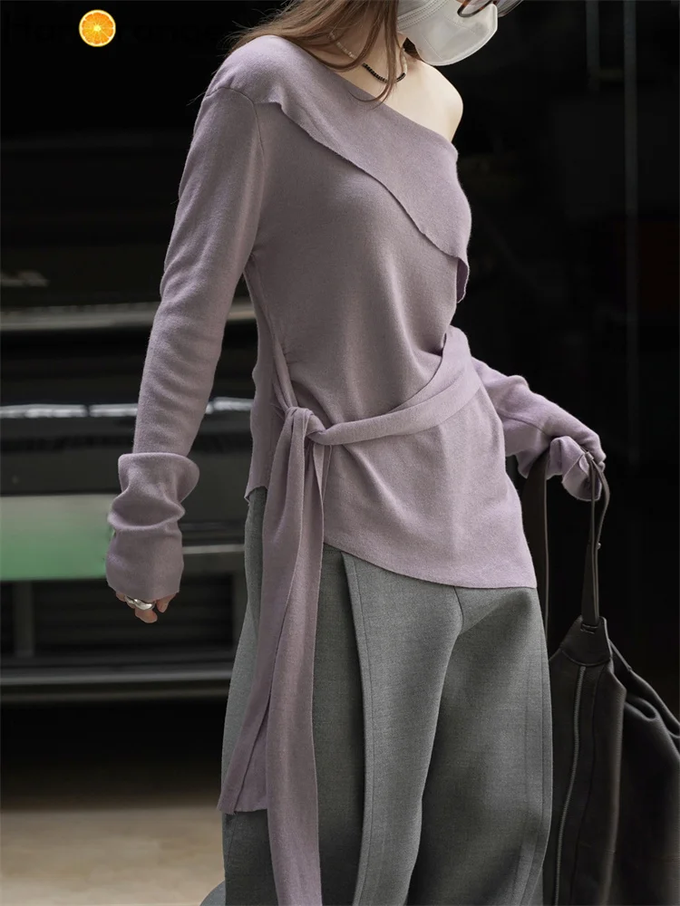 HanOrange 2025, Herbstmode, Laziness, unregelmäßiger Riemen, Spleißen, Pullover, Damen-Top, Aprikose/Lila