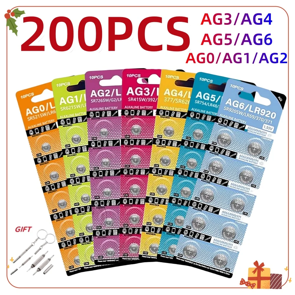 200Pcs AG4 Battery AG0 AG1 AG2 AG3 AG4 AG5 AG6 Button Cell Coin LR41 377 364 371 SR621SW  Alkaline Battery For Clock Electronic
