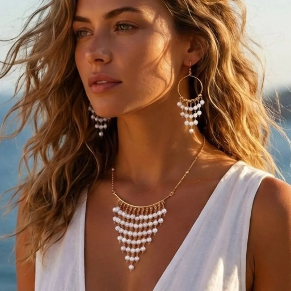 Luxury Romantic Triangle Waterfall Imitation Pearl Multi Layer Tassel Earrings Necklace for Women Banquet Stackable Jewelry Sets