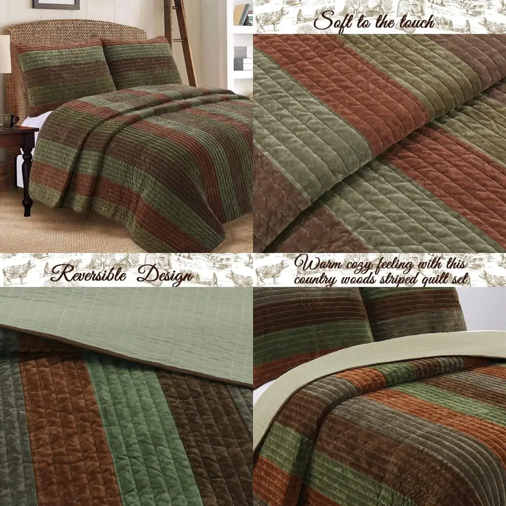 

Комплект бархатного двустороннего одеяла в смелую полоску темно-коричневого цвета и шалфейного зеленого цвета для уютного постельного белья