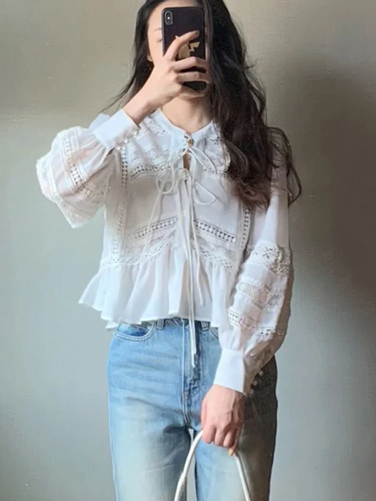 Boho Elegant Chic Blouse Shirt White Cotton Summer Spring Women Blouse Lantern Sleeve Hollow Out Sexy Ladies Top Shirt