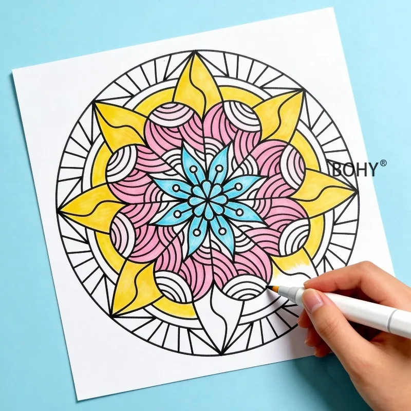 A Mandala Painting Album, with Mandala Lotus Symmetrical Flower Pattern Theme Thread Painting Patterns, 12 Pages, Large-sized
