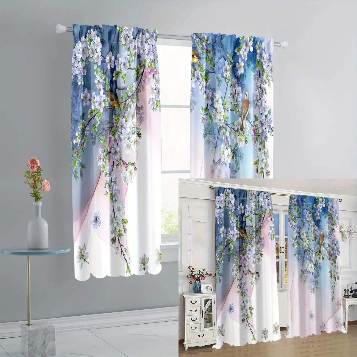 2pcs All Seasons Universal Colorful Floral Flowers Romantic Floral Digital Printed Curtains Rod Pocket Curtain Living Room Decor