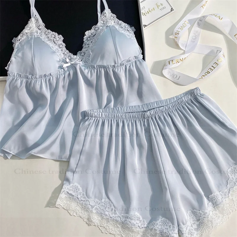 Silver Hot Stamping Bow Pajamas Set 2Pcs Lingerie Sexy Sleeveless Top Shorts Satin Loungewear Pyjamas Femme Home Clothing 6