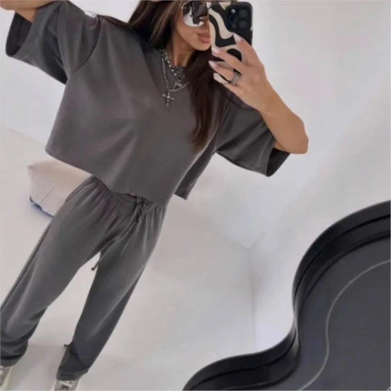 

Summer Solid Sport Pants 2 Piece Sets Women Outfits Loose Short Sleeve O-neck T-shirts & Lace-up Trousers Split Casual Set