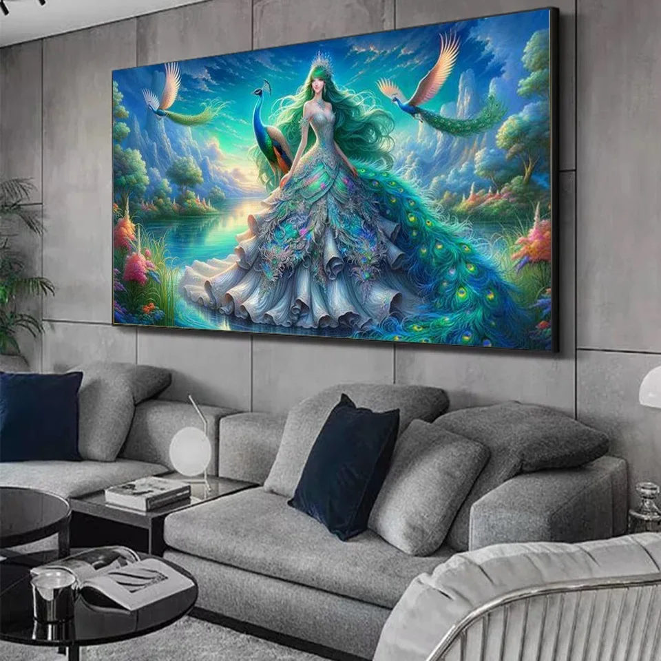 Fantasy Landscape Lake Peacock Woman Fairy 5D Diamond Painting Kits Large Size Full Diamond Mosaic Embroidery Cross Stitch Kits