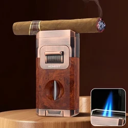 HONEST Brand Dual-flame Powerful  Cigar Lighter with Cigar Cutter Metal Butane Inflatable Lighter Men's Smoking Accessories